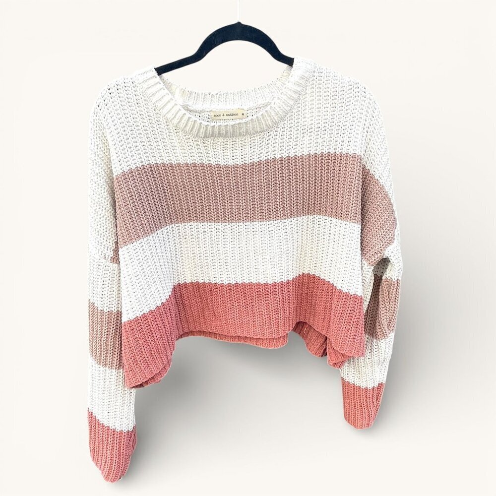 Moon & Madison Cozy Striped Knit Sweater Pink & White Medium Cropped Lightweight